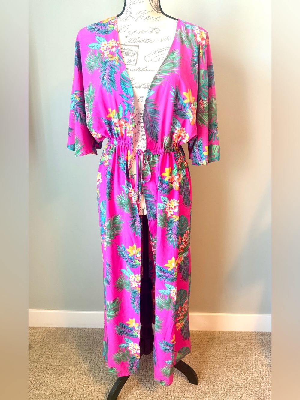 Belle by Kim Gravel Pink Tropical Kimono Cover Up Resort Swimwear